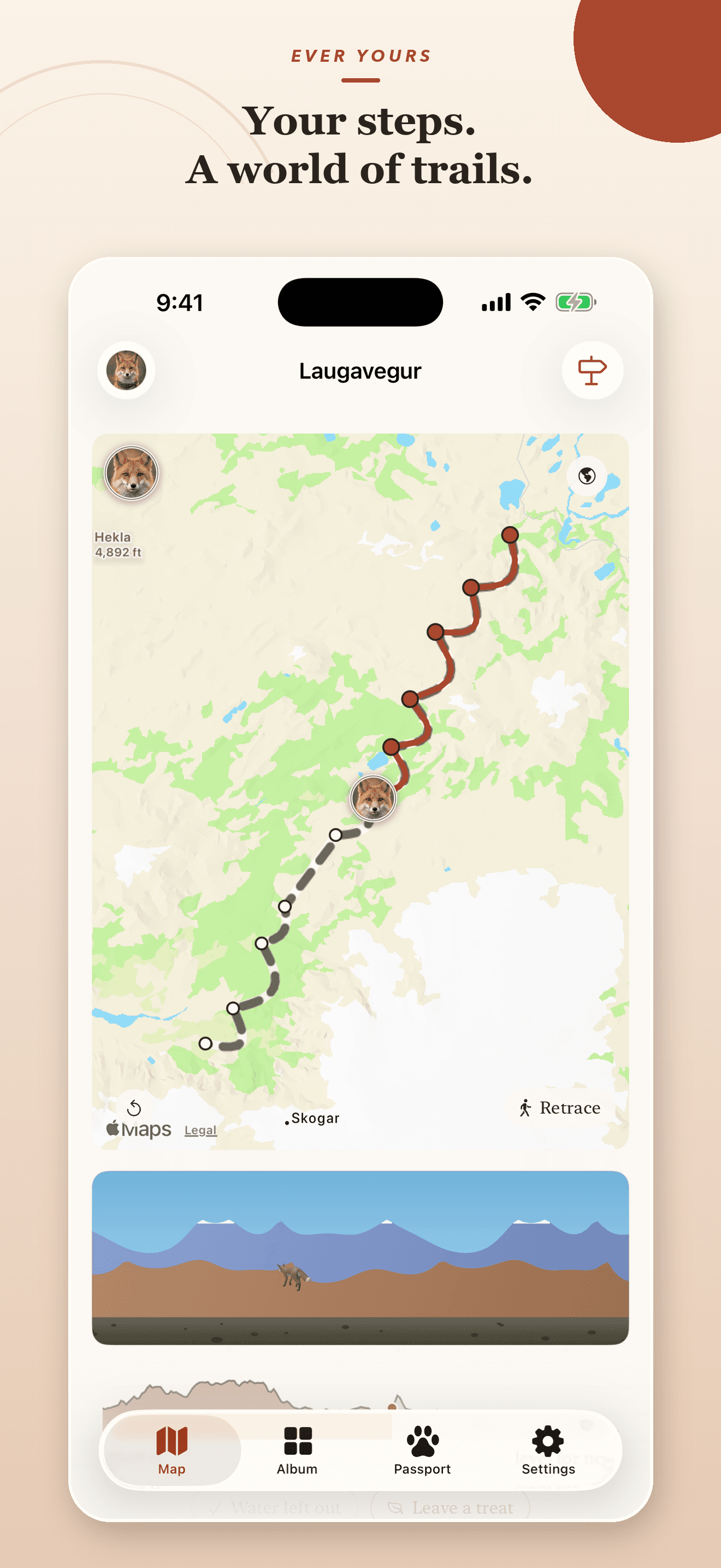 Ever Yours map showing a fox companion progressing along the Laugavegur trail.