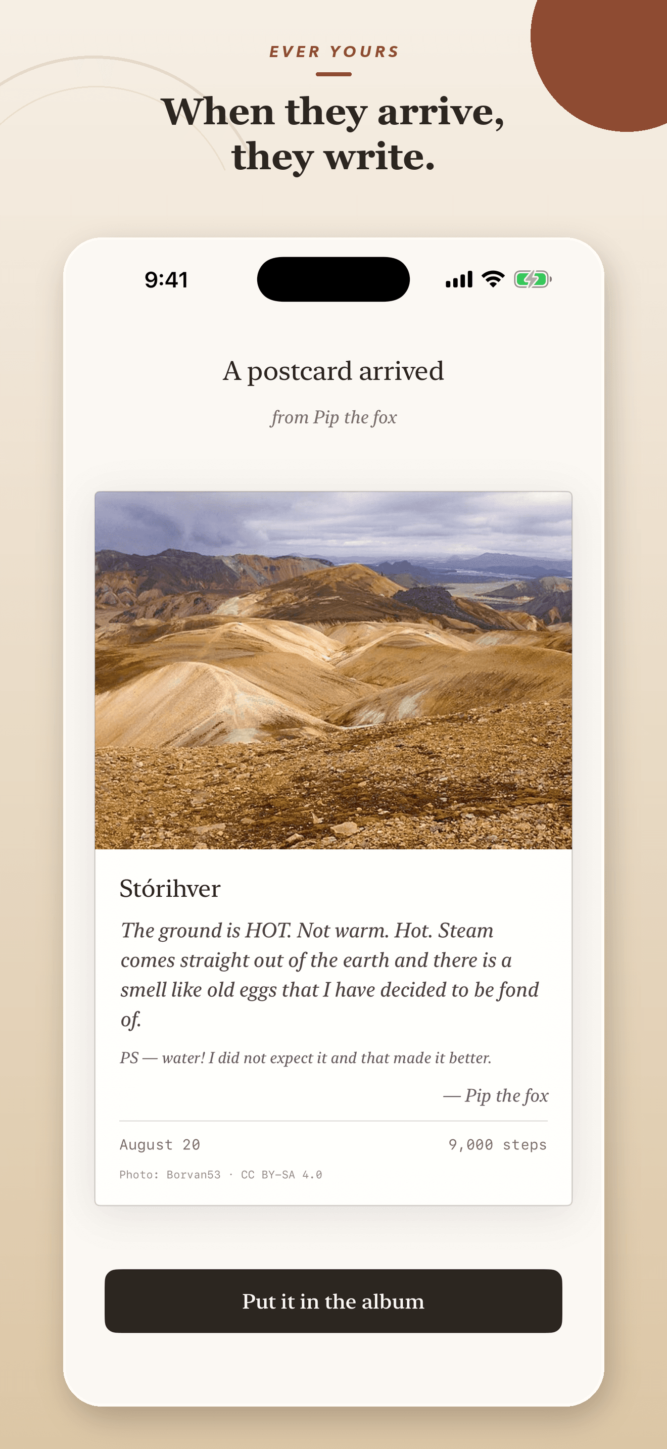 Ever Yours postcard from Pip the fox after reaching a landmark in Iceland.