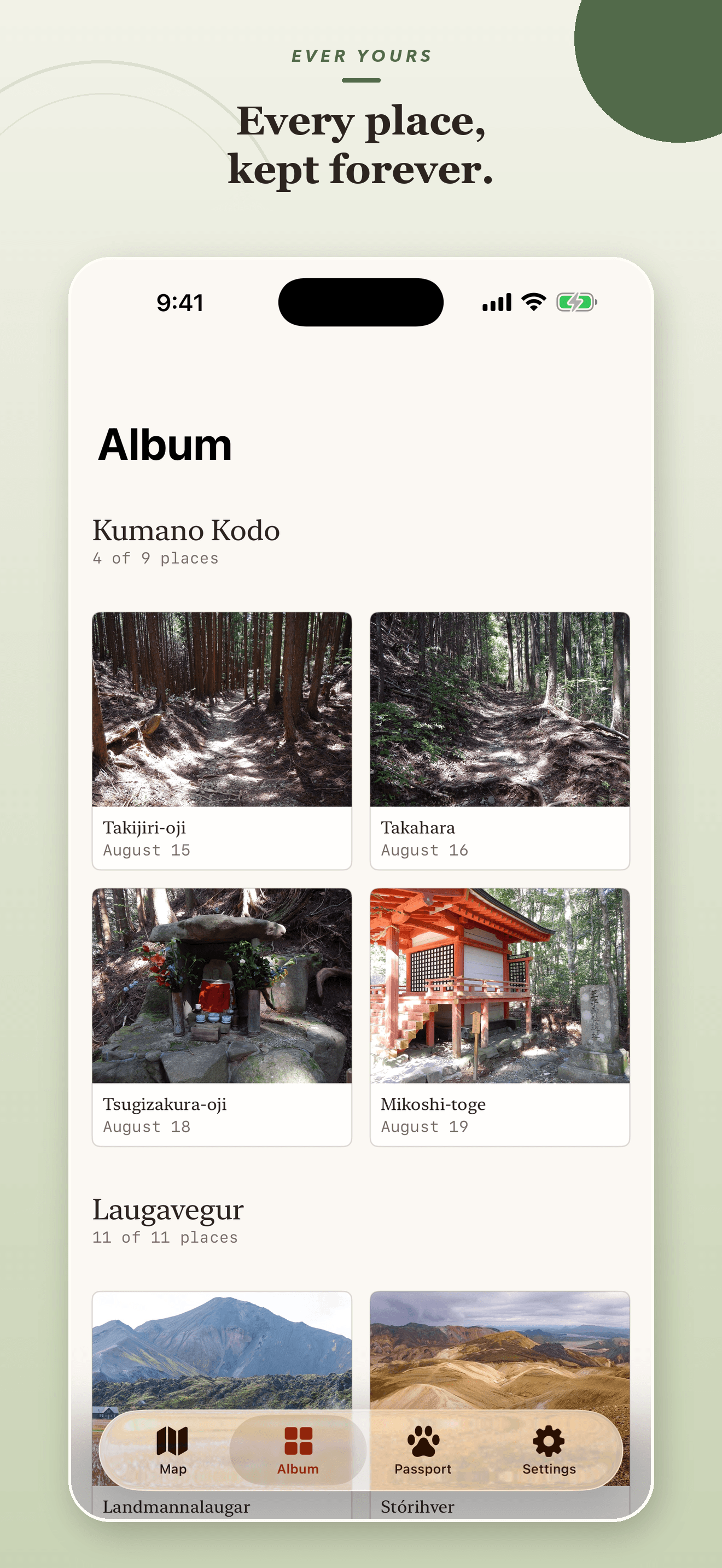 Ever Yours album preserving photographs and dates from completed trail landmarks.