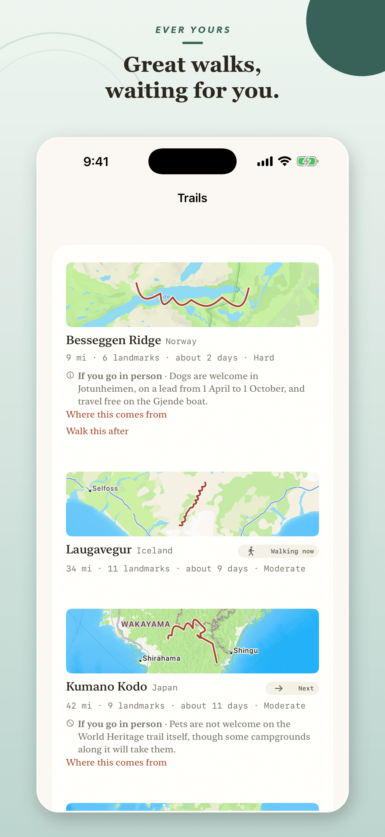 Ever Yours trail catalogue featuring routes in Norway, Iceland, and Japan.
