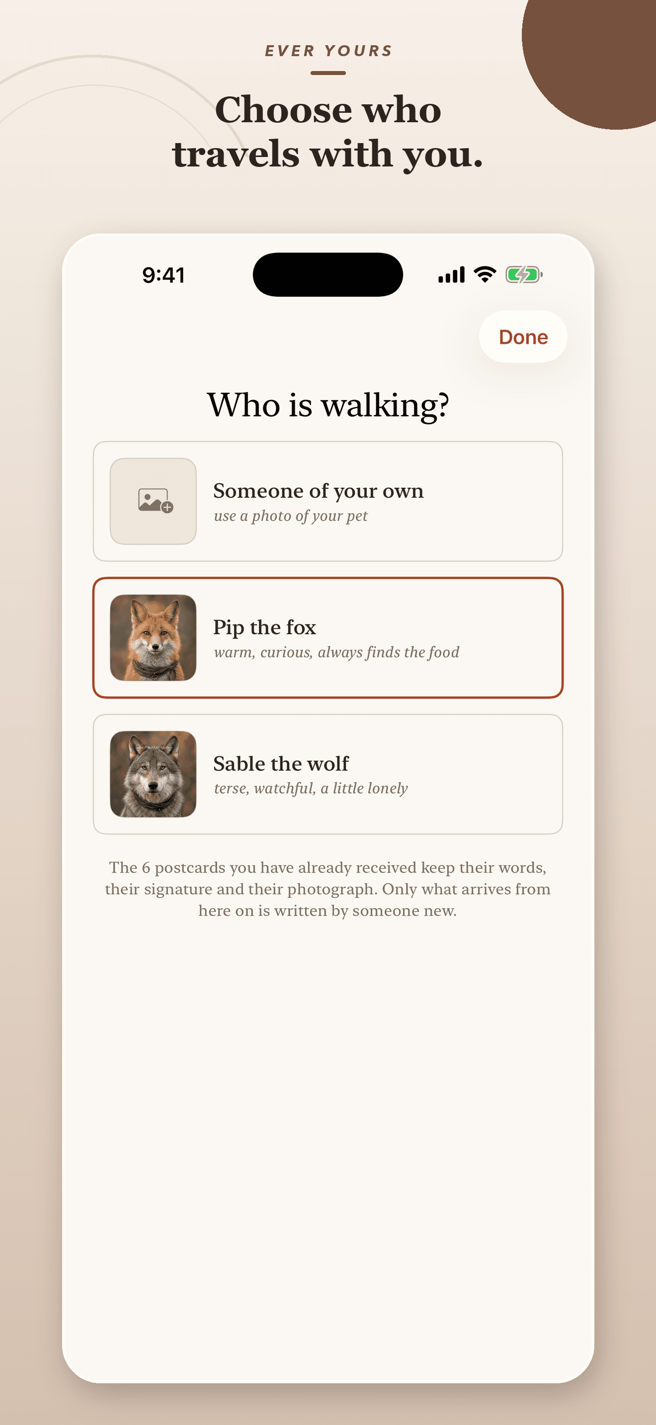 Ever Yours companion picker with an option to use a personal pet photograph.